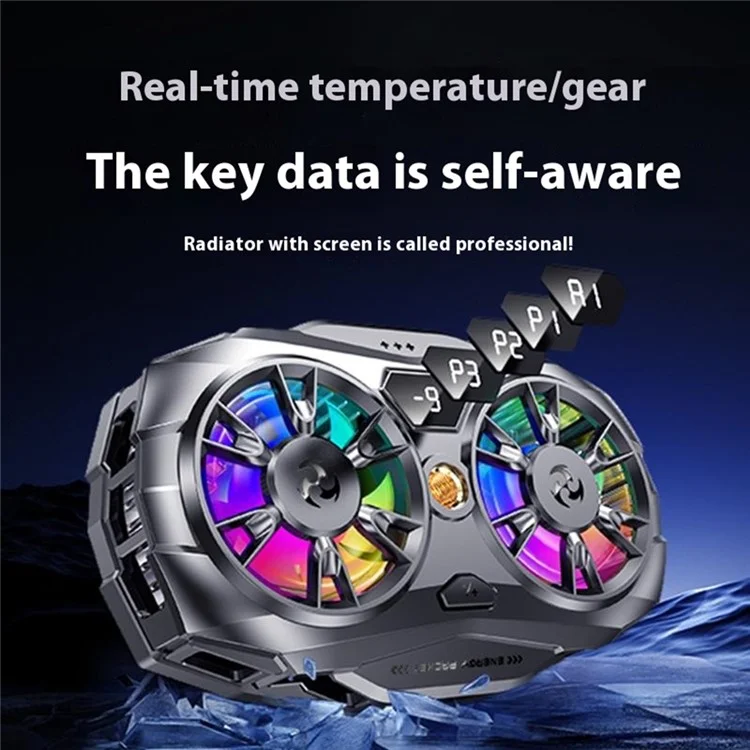 K19 Mobile Phone Cooler Fan Radiator with Digital Display  /  Dual Fans  /  RGB Lighting  /  Adjustable Speed - Black