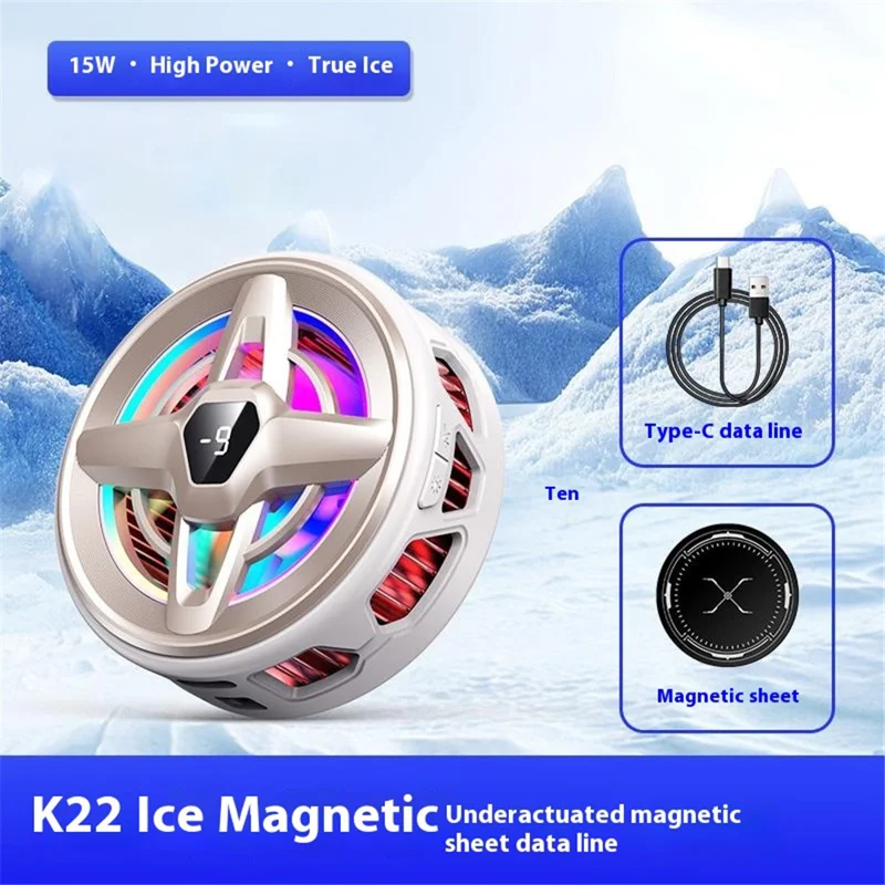 K25 Magnetic Phone Cooler Heatsink Fan Radiator with Digital Display  /  AI Temperature Control  /  Adjustable Ambient Lighting - White Gold