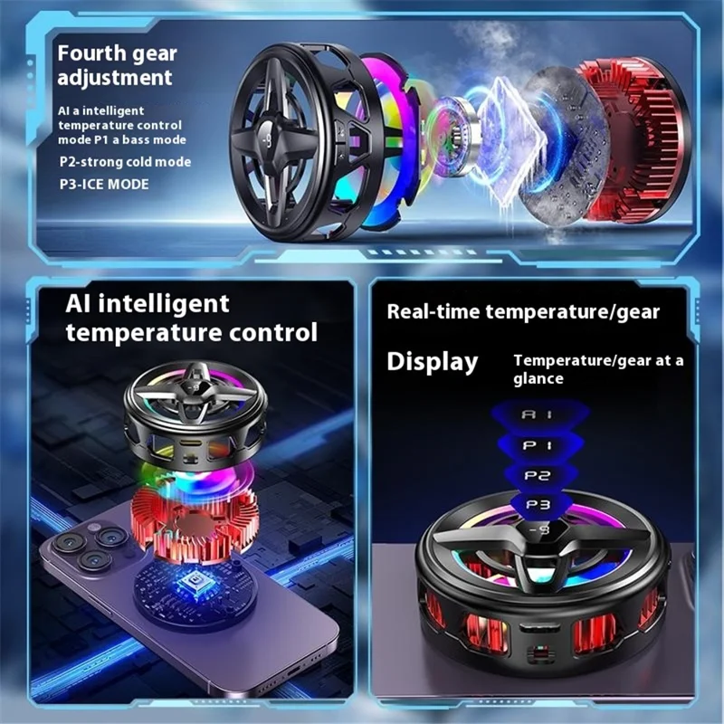 K25 Magnetic Phone Cooler Heatsink Fan Radiator with Digital Display  /  AI Temperature Control  /  Adjustable Ambient Lighting - White Gold