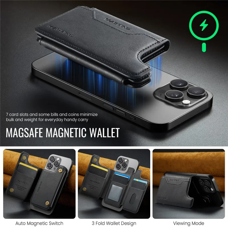 MAGKING K3 Compatible with MagSafe Card Holder Tri-Fold Magnetic RFID Blocking PU Leather Wallet - Black