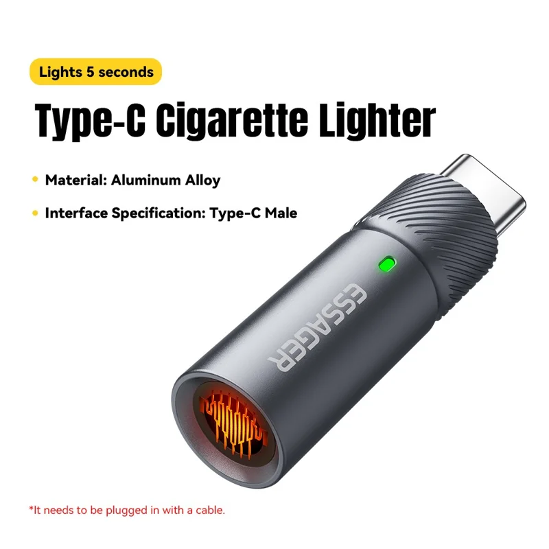 ESSAGER Aluminum Alloy Type-C Cigarette Lighter Tungsten Wire Heating Auto Shut Off - Type-C Male Connector