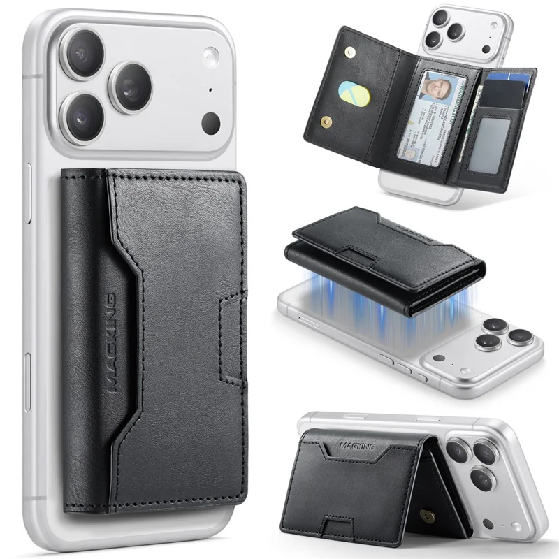 MAGKING K4 Card Holder Tri-Fold Magnetic RFID Blocking PU Leather Wallet - Black