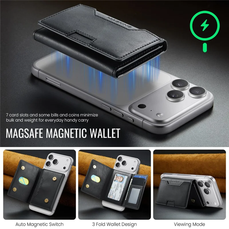 MAGKING K4 Card Holder Tri-Fold Magnetic RFID Blocking PU Leather Wallet - Black