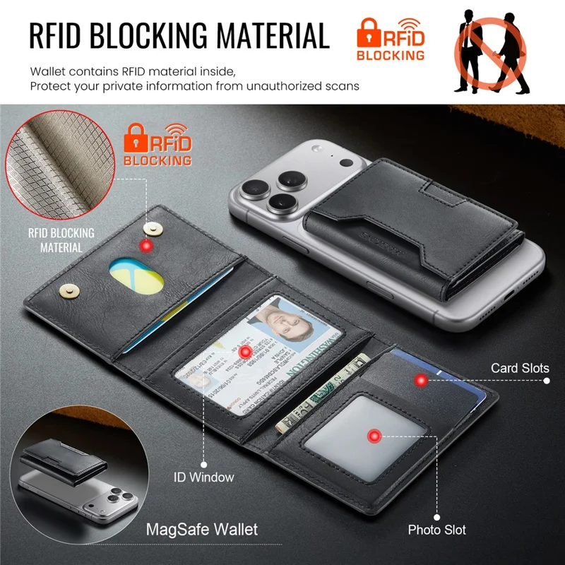 MAGKING K4 Card Holder Tri-Fold Magnetic RFID Blocking PU Leather Wallet - Black
