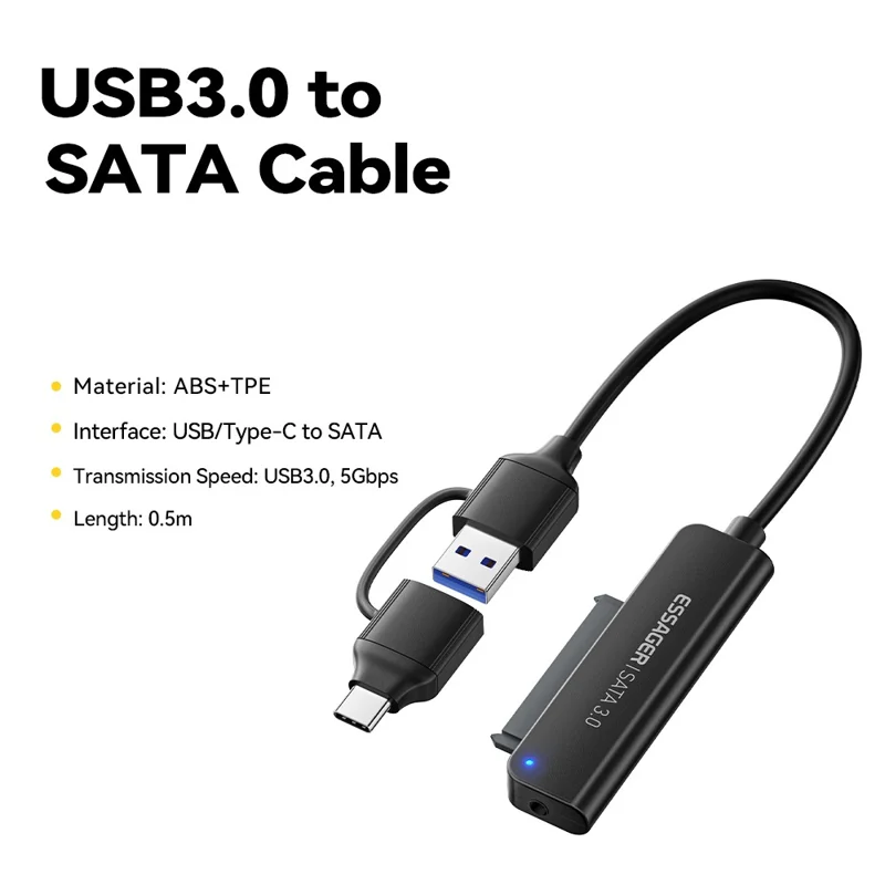 ESSAGER 5Gbps High Speed Data Transfer 2 in 1 USB 3.0  /  Type-C to SATA Adapter Cable for External Hard Drive SSD