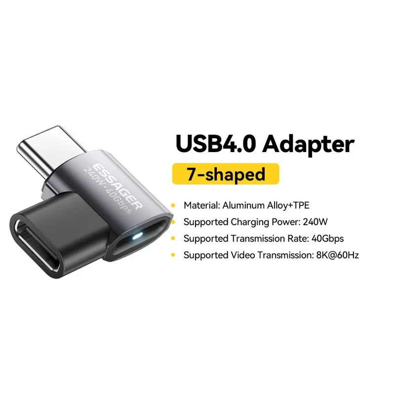 ESSAGER USB4.0 Data Adapter for Micro USB to Type-C 40Gbps Data Transfer 240W PD Fast Charging Adapter - Grey / 7-Shaped