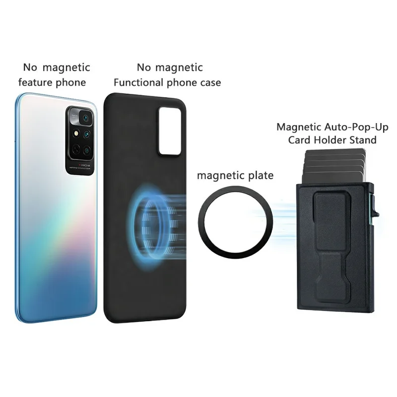 Magnetic Auto Pop-Up Card Holder for Cell Phones Back Kickstand RFID / NFC Blocking - Blue