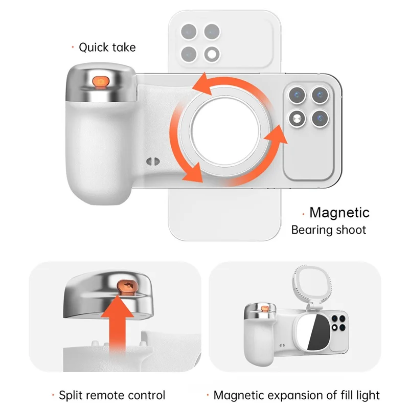 K02 Suporte Estabilizador Sem Fios com Bluetooth Compatível, Assistente de Câmera Magnético com Luz de Preenchimento para Autorretrato - Branco