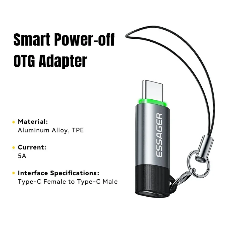 Adaptateur intelligent ESSAGER avec coupure automatique de courant, Type-C, 100 W, 5 A, convertisseur de charge avec indicateur LED