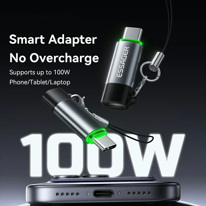 Adaptateur intelligent ESSAGER avec coupure automatique de courant, Type-C, 100 W, 5 A, convertisseur de charge avec indicateur LED
