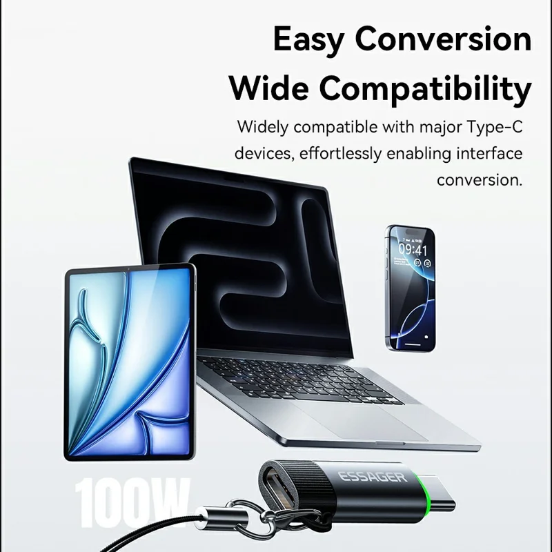 Adaptateur intelligent ESSAGER avec coupure automatique de courant, Type-C, 100 W, 5 A, convertisseur de charge avec indicateur LED