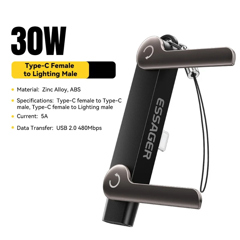 ESSAGER Type-C til iP (5-14) adapter med stativ 90° L-form 240 W hurtigladeomformer