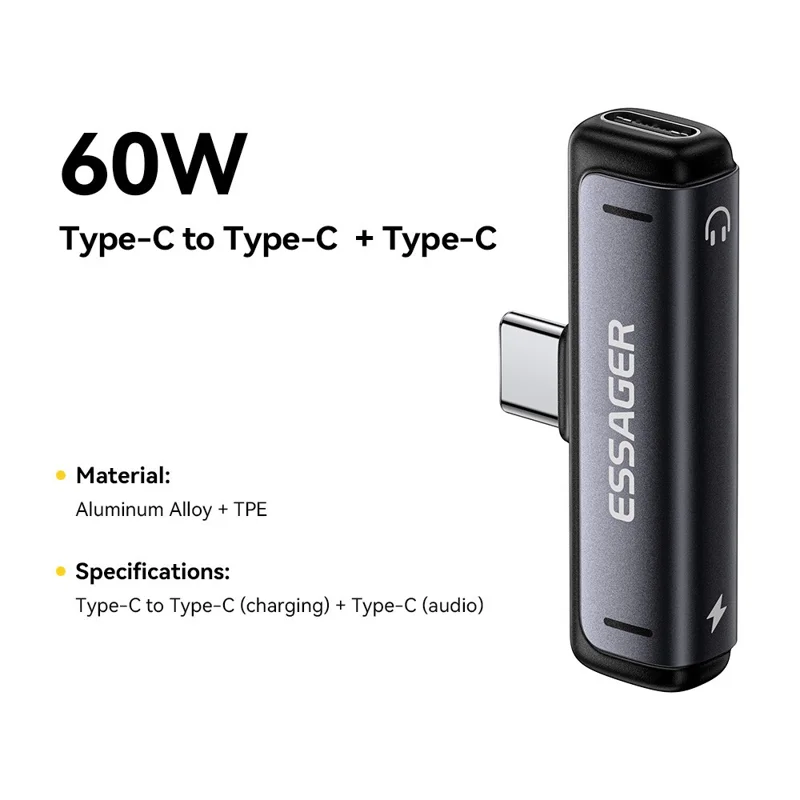 Adaptateur audio et de charge ESSAGER de Type-C à Type-C 2 en 1, convertisseur de charge rapide 60 W PD pour téléphone et tablette