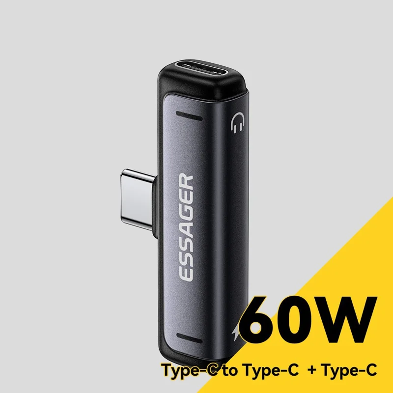 Adaptateur audio et de charge ESSAGER de Type-C à Type-C 2 en 1, convertisseur de charge rapide 60 W PD pour téléphone et tablette