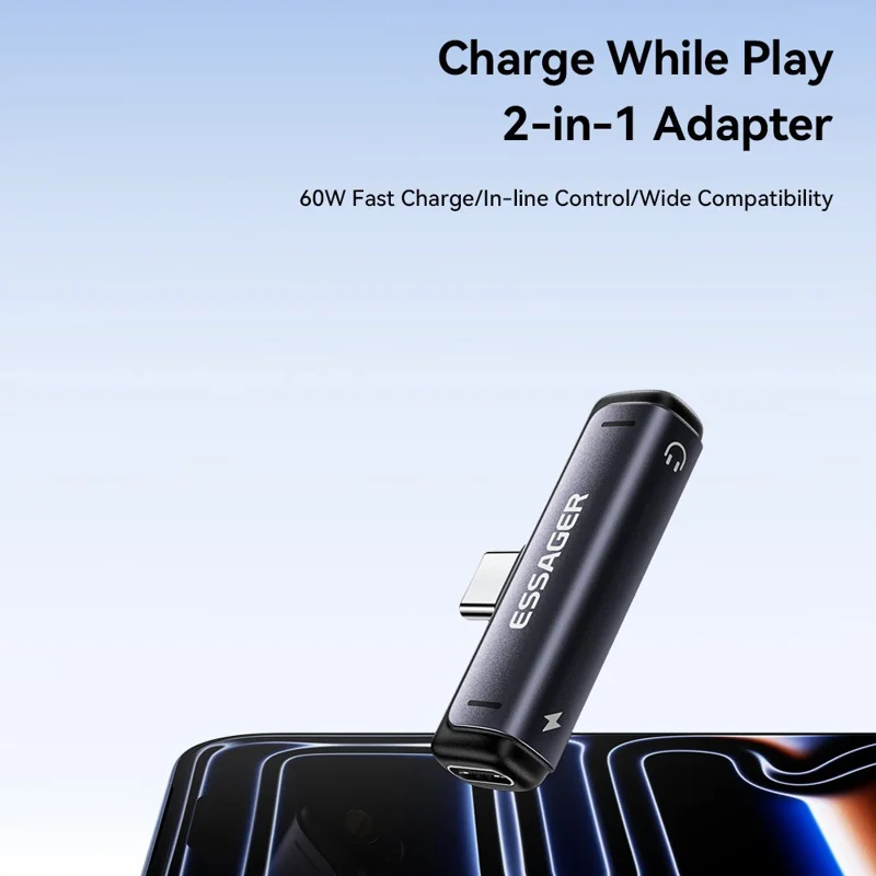 Adaptateur audio et de charge ESSAGER de Type-C à Type-C 2 en 1, convertisseur de charge rapide 60 W PD pour téléphone et tablette