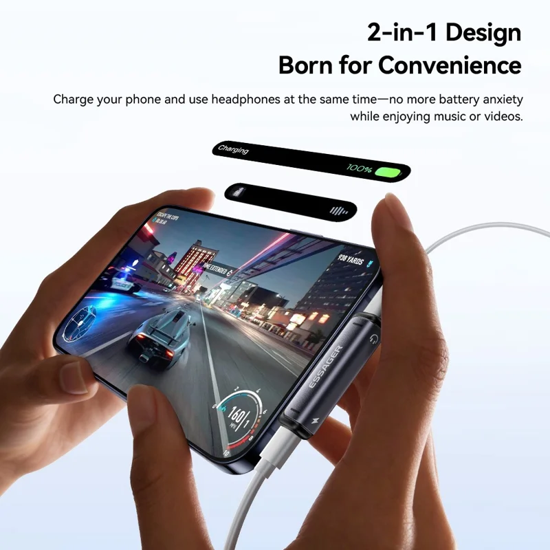 Adaptateur audio et de charge ESSAGER de Type-C à Type-C 2 en 1, convertisseur de charge rapide 60 W PD pour téléphone et tablette