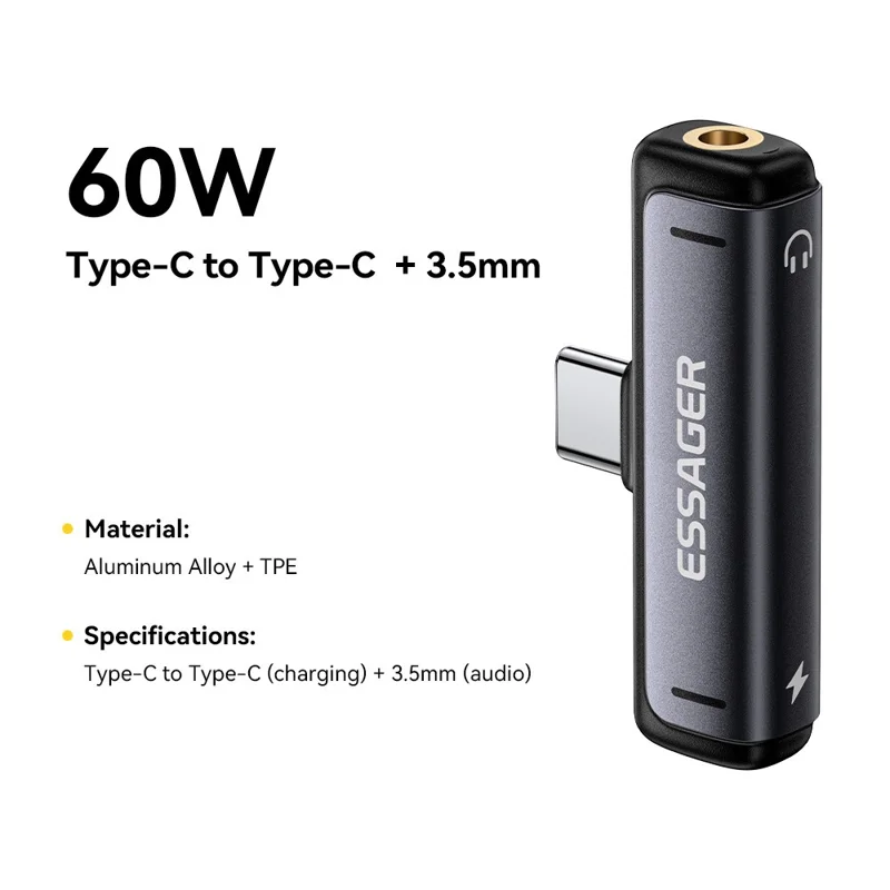 Adaptateur ESSAGER 2-en-1 Type-C vers Type-C 3,5 mm (audio) Convertisseur de charge rapide PD60W pour téléphone et tablette
