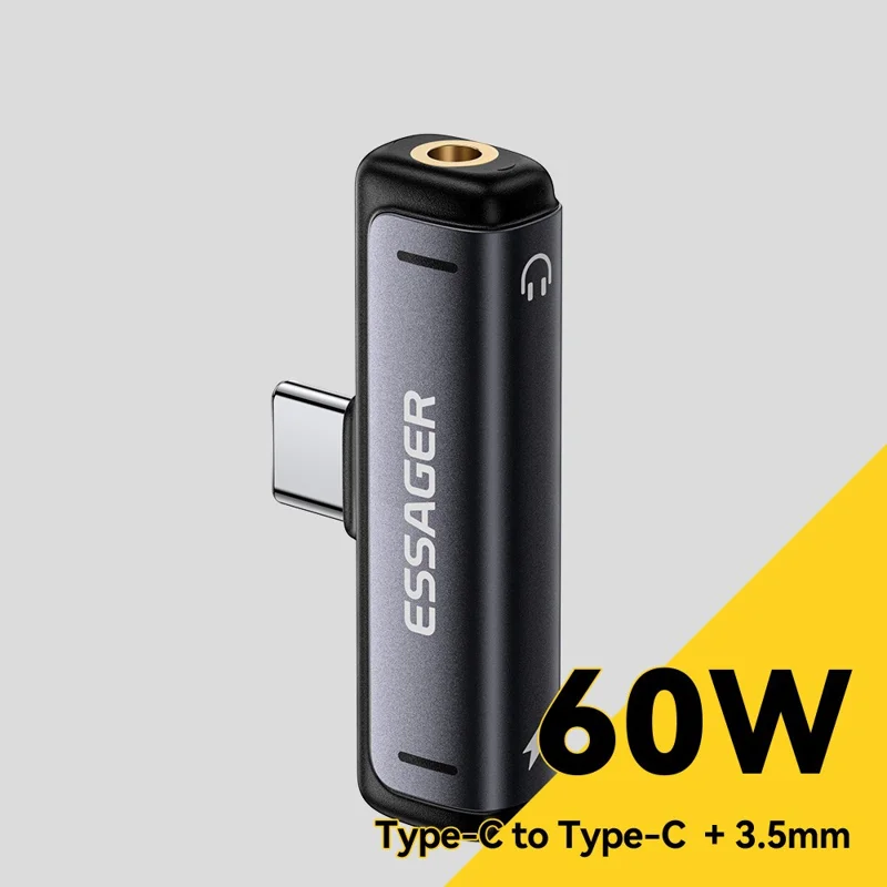 Adaptateur ESSAGER 2-en-1 Type-C vers Type-C 3,5 mm (audio) Convertisseur de charge rapide PD60W pour téléphone et tablette