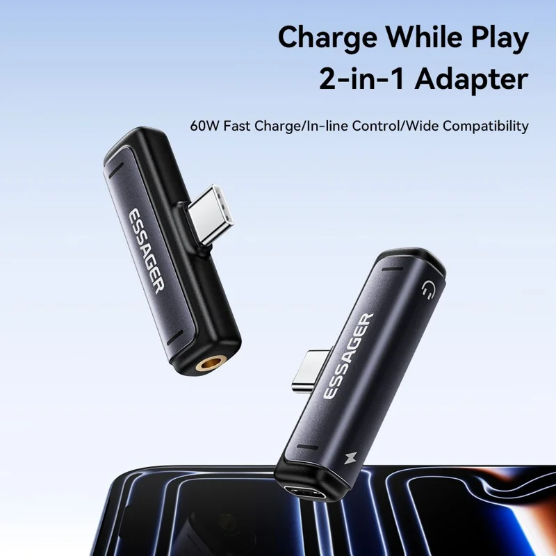 Adaptateur ESSAGER 2-en-1 Type-C vers Type-C 3,5 mm (audio) Convertisseur de charge rapide PD60W pour téléphone et tablette