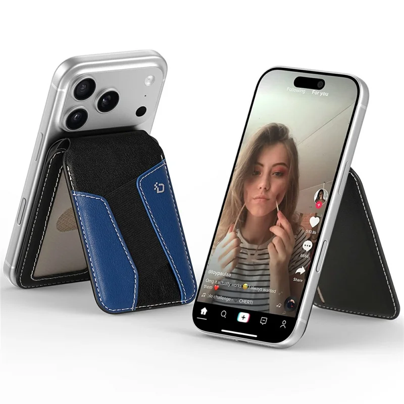 DUX DUCIS KERN Series Magnetic Card Holder with Stand 3 Slots RFID Blocking PU Leather Wallet - Black & Blue