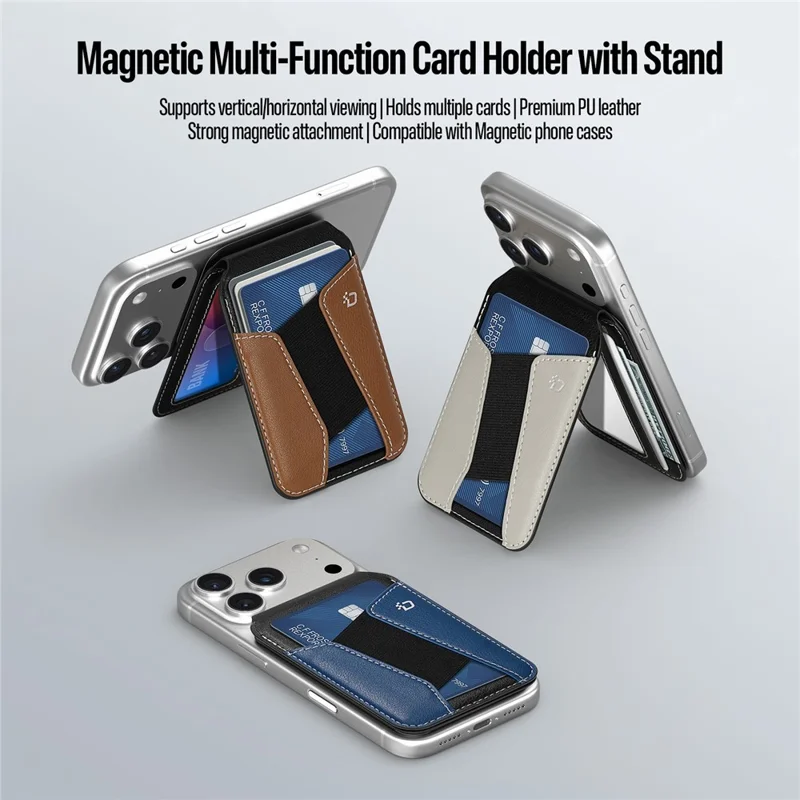 DUX DUCIS KERN Series Magnetic Card Holder with Stand 3 Slots RFID Blocking PU Leather Wallet - Black & Blue