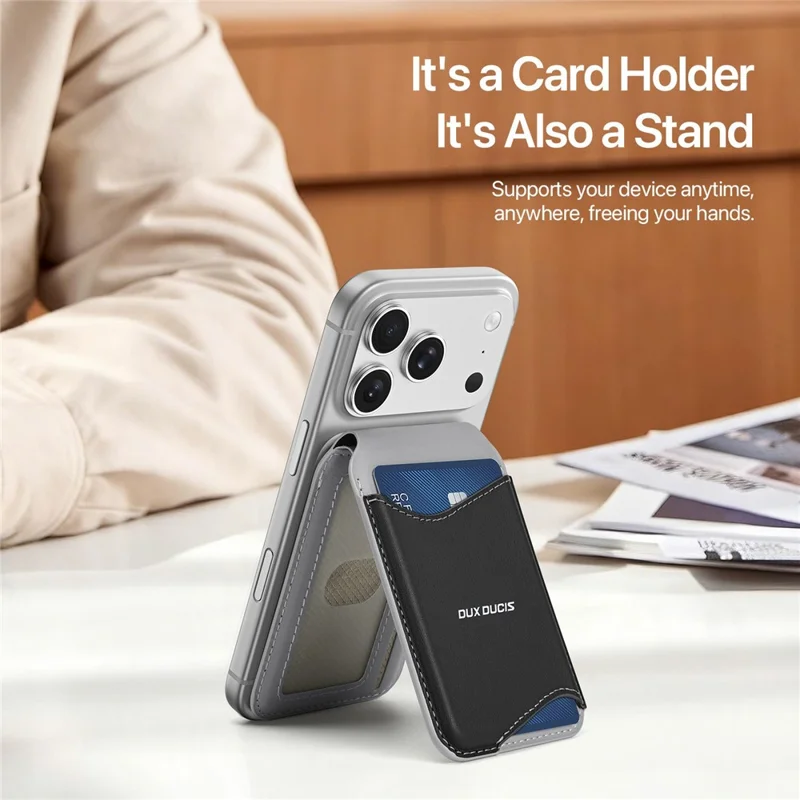 DUX DUCIS ARCH Series Phone Magnetic Card Holder Kickstand PU Leather RFID Blocking Wallet - Grey & Black