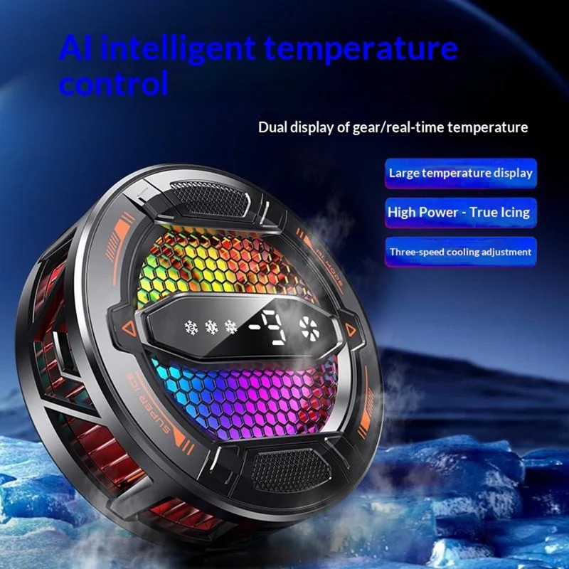 K31 Clip-on Magnetic Phone Cooler AI Temperature Control 3-Speed RGB Cooling Fan with Digital Display - Black