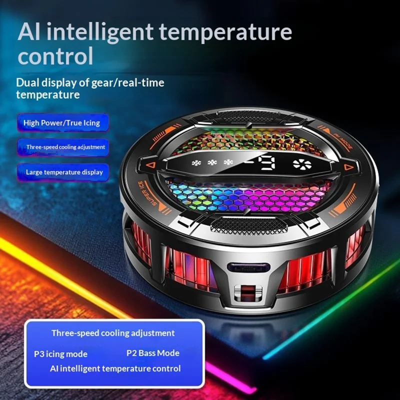 K31 Clip-on Magnetic Phone Cooler AI Temperature Control 3-Speed RGB Cooling Fan with Digital Display - Black