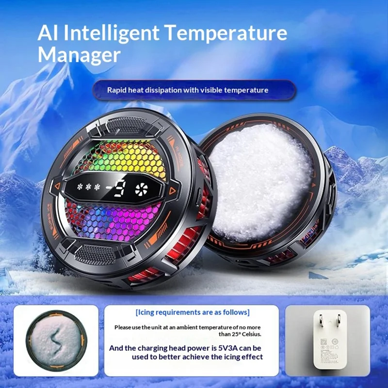 K31 Clip-on Magnetic Phone Cooler AI Temperature Control 3-Speed RGB Cooling Fan with Digital Display - Black