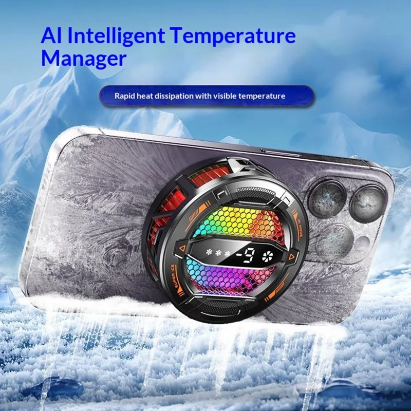 K31 Clip-on Magnetic Phone Cooler AI Temperature Control 3-Speed RGB Cooling Fan with Digital Display - Black