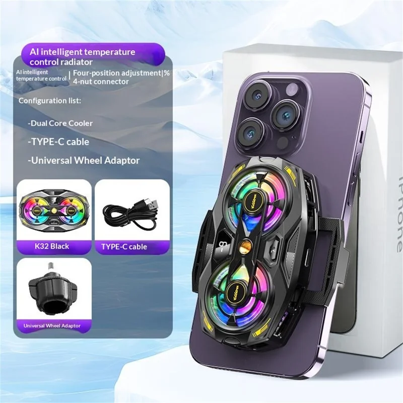 K32 Semiconductor Phone Cooler Dual Fan AI Temperature Control RGB Gaming Phone Radiator for Live Streaming- Black