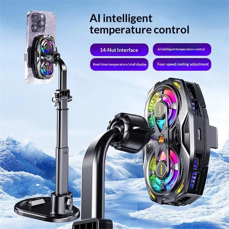 K32 Semiconductor Phone Cooler Dual Fan AI Temperature Control RGB Gaming Phone Radiator for Live Streaming- Black