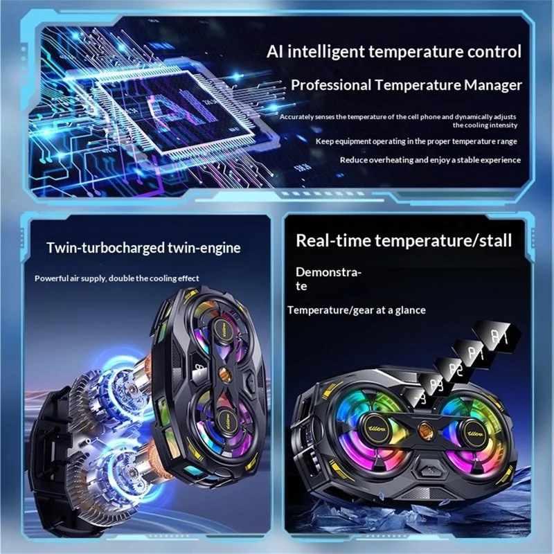 K32 Semiconductor Phone Cooler Dual Fan AI Temperature Control RGB Gaming Phone Radiator for Live Streaming- Black