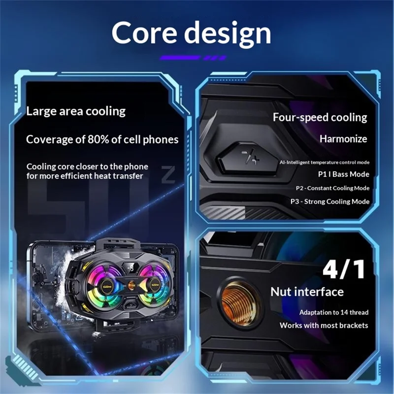 K32 Semiconductor Phone Cooler Dual Fan AI Temperature Control RGB Gaming Phone Radiator for Live Streaming- Black
