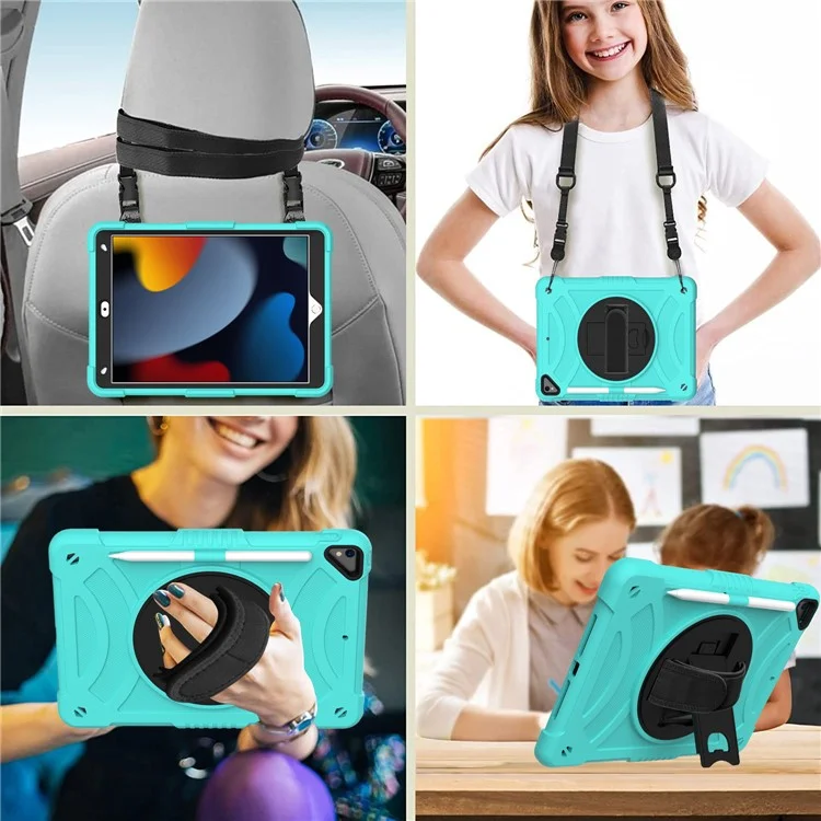 Для iPad 10.2 (2021) / (2019) / (2020) / Air 10.5 дюйма (2019) Противоударный чехол с функцией защиты от царапин, вращающейся подставкой и плечевым ремнем, портативный силиконовый+ПК чехол для планшета - зеленый