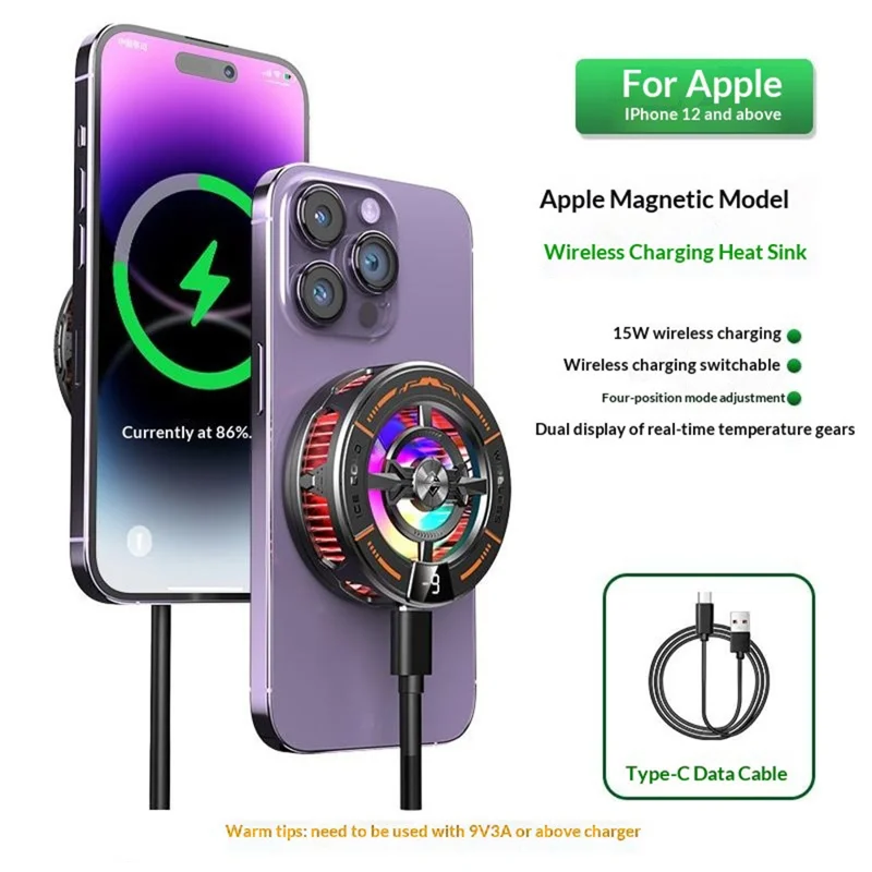 K28 2-in-1 Wireless Charger Phone Cooler 15W Magnetic Charging Cooling Fan with Digital Display for Gaming - Black