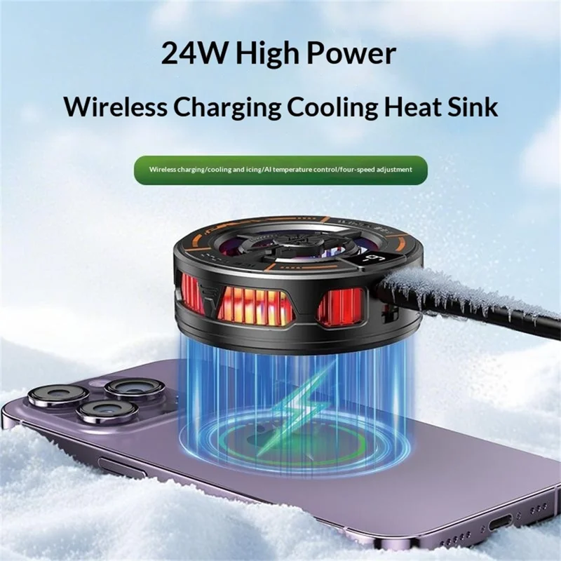 K28 2-in-1 Wireless Charger Phone Cooler 15W Magnetic Charging Cooling Fan with Digital Display for Gaming - Black