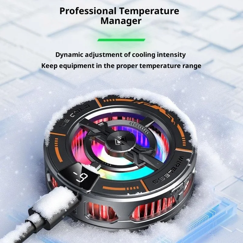 K28 2-in-1 Wireless Charger Phone Cooler 15W Magnetic Charging Cooling Fan with Digital Display for Gaming - Black