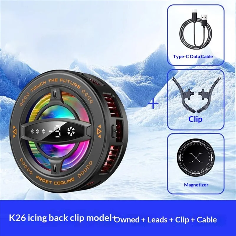 K26 Magnetic Phone Cooler with Clamp AI Smart Temperature Control RGB Light Cooling Fan for Gaming - Black