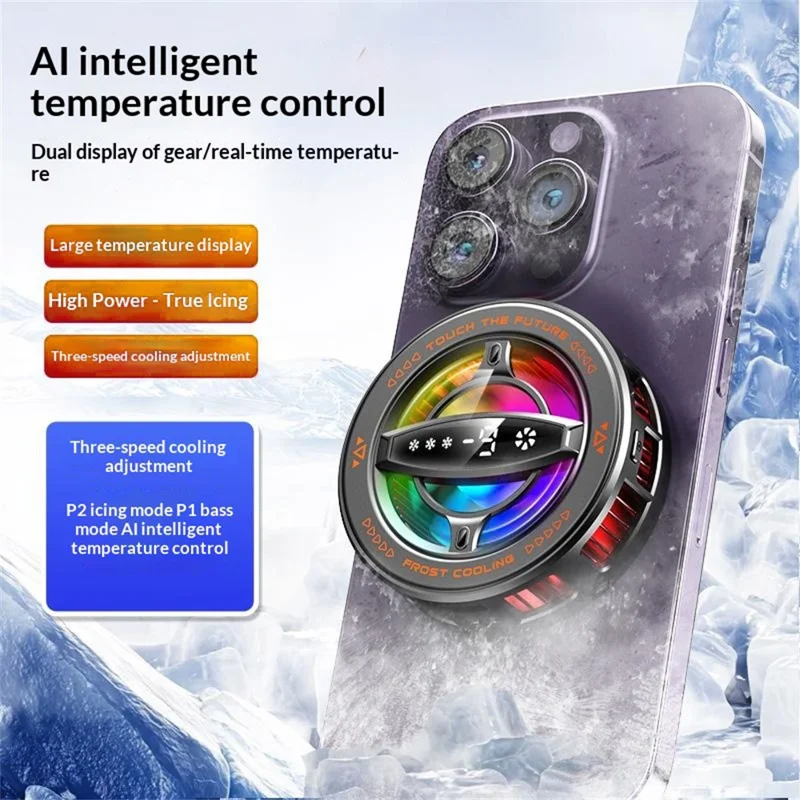 K26 Magnetic Phone Cooler with Clamp AI Smart Temperature Control RGB Light Cooling Fan for Gaming - Black