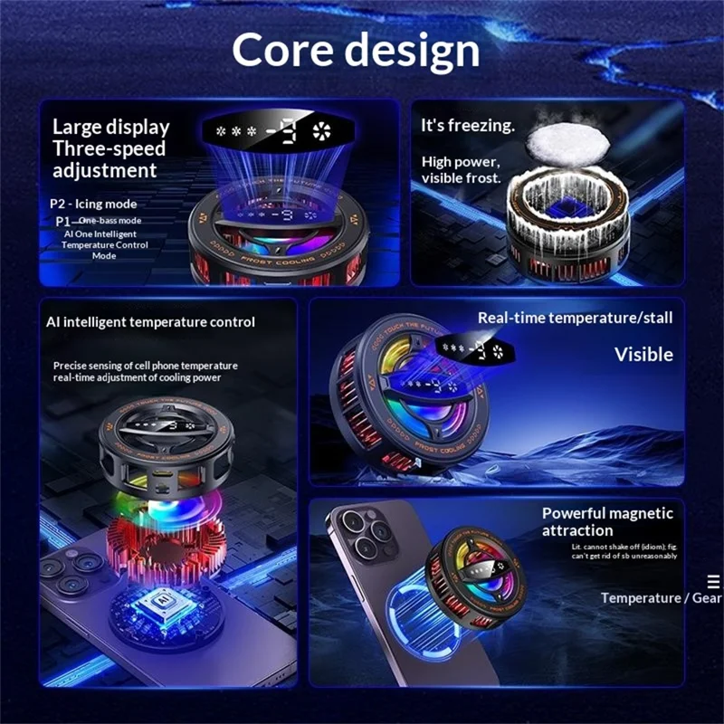 K26 Magnetic Phone Cooler with Clamp AI Smart Temperature Control RGB Light Cooling Fan for Gaming - Black