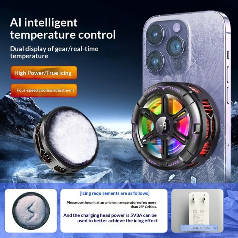 K21 Digital Display Magnetic Phone Cooler AI Temperature Control 3-Speed Clip-on Cooling Fan for Gaming