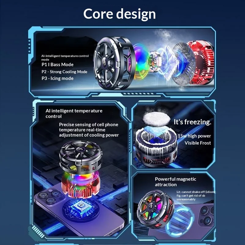 K21 Digital Display Magnetic Phone Cooler AI Temperature Control 3-Speed Clip-on Cooling Fan for Gaming