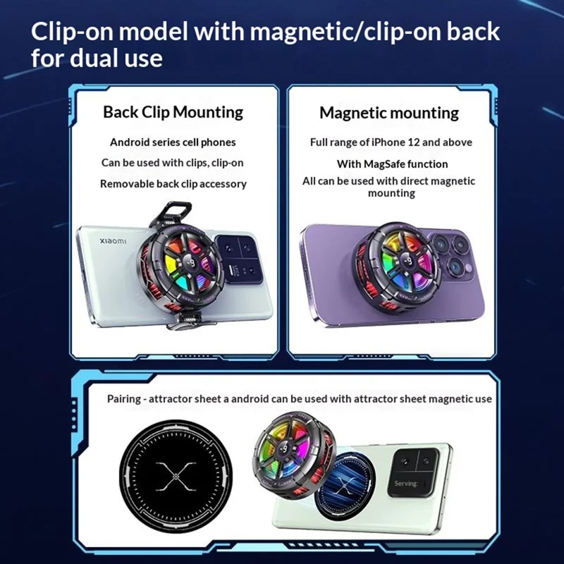K21 Digital Display Magnetic Phone Cooler AI Temperature Control 3-Speed Clip-on Cooling Fan for Gaming