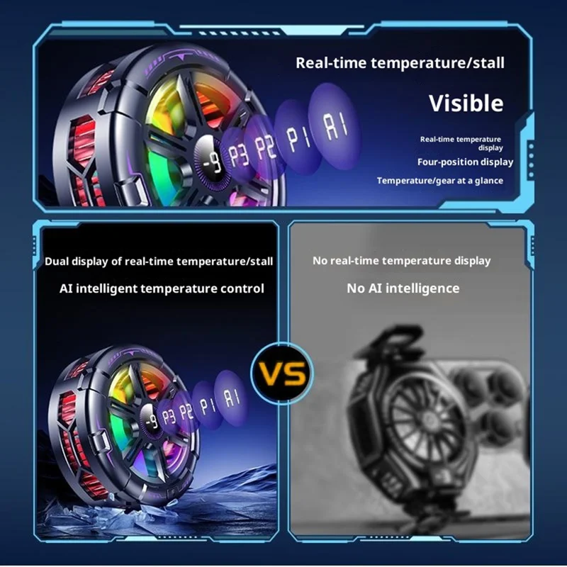 K21 Digital Display Magnetic Phone Cooler AI Temperature Control 3-Speed Clip-on Cooling Fan for Gaming