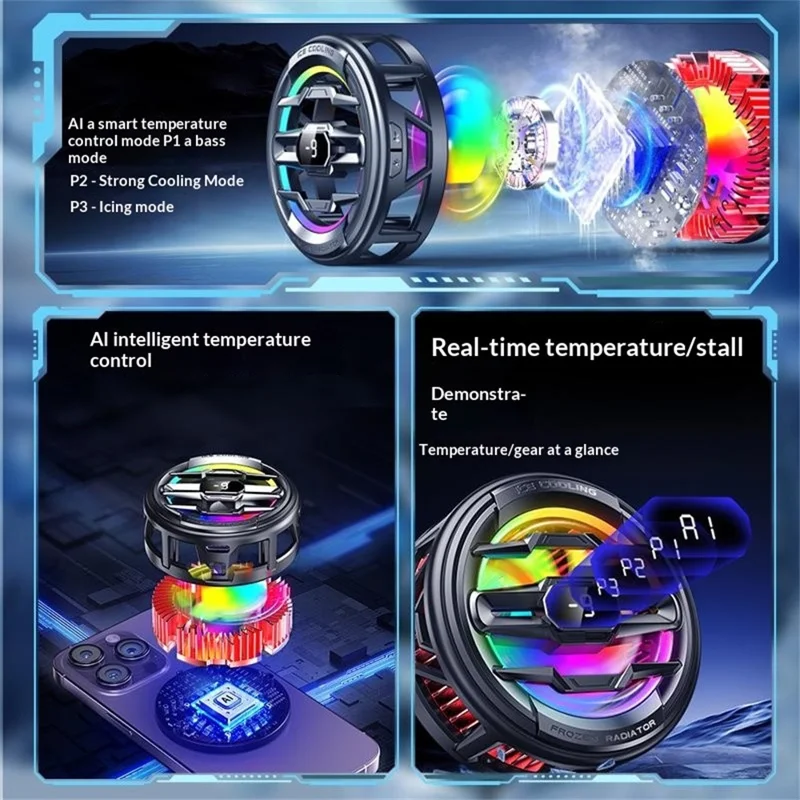 K22 Magnetic Phone Cooler with Clip Digital Display AI Temperature Control 3-Speed Cooling Fan for Gaming - White+Gold
