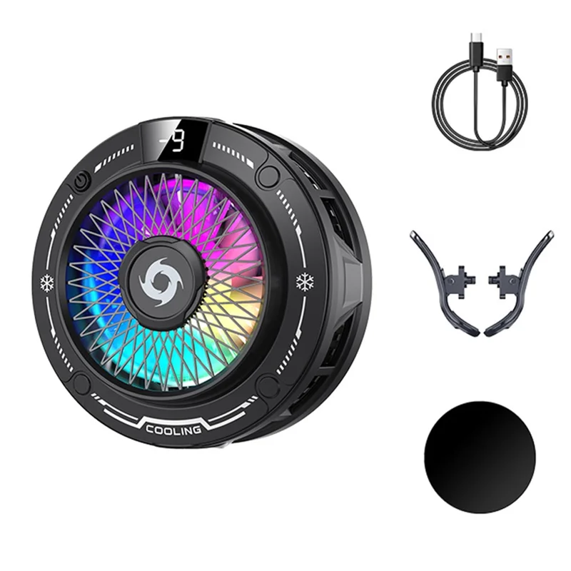 K38 Suction Phone Cooler Magnetic with Digital Display RGB Light 3-Speed TEC Semiconductor Cooling Fan - Black