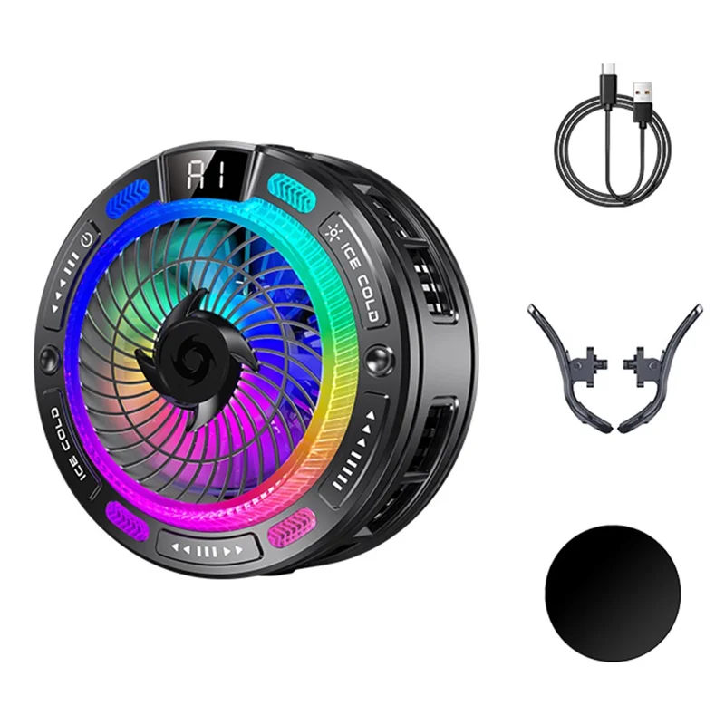 K50 Magnetic Phone Cooler Digital Display RGB Light Semiconductor Cooling Fan for iPhone Android Gaming - Black