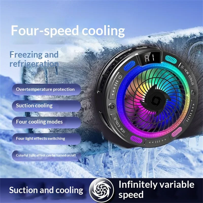 K50 Magnetic Phone Cooler Digital Display RGB Light Semiconductor Cooling Fan for iPhone Android Gaming - Black