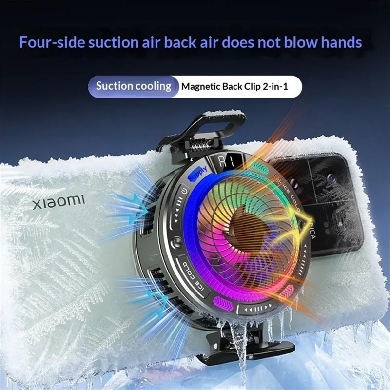 K50 Magnetic Phone Cooler Digital Display RGB Light Semiconductor Cooling Fan for iPhone Android Gaming - Black